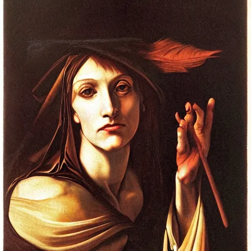 Image similar to portrait of beautiful witch circe in the odyssey, art by petrus christus, caravaggio, leonardo da vinci