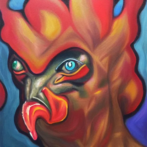 Image similar to the funky chicken accuses you of witchcraft, oil painting