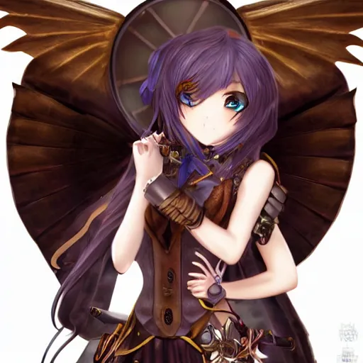 Prompt: anime girl with steampunk wings and steampunk weapons, portrait, finely detailed, epic, intense, cinematic lighting,