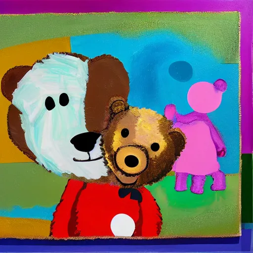 Prompt: teddy bear picnic with big macs, impressionist and abstract paint, modern art