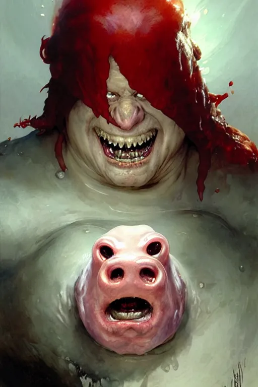 Prompt: red haired white slime blobfish with an evil grin extremely detailed portrait dnd, painting by gaston bussiere, craig mullins, greg rutkowski, yoji shinkawa