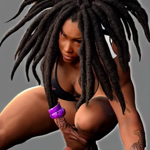 Image similar to 3 d render of a full female body, a very attractive black woman with long dreadlocks, stoic face, chiseled abs, wearing fitness gear, dead or alive 6, tekken 7, rumble roses, thick legs, highly detailed, artstation, super realistic, unreal engine