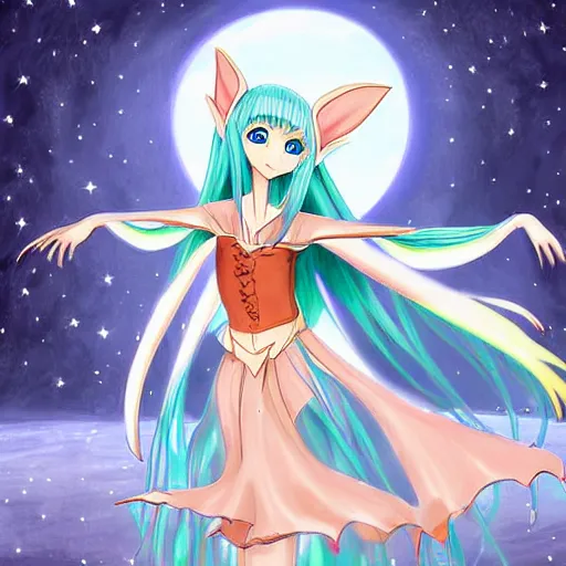 Image similar to digital painting of a long hair anime lady ELF dancing in the moonlight l by Sakimichan