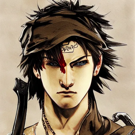 Image similar to portrait of a young white hero holding his sword next to his face covering his eye by yoji shinkawa, high quality, extra details, realism, ornate, colored, golden chain, blood, white skin, short hair, brown eyes, vivid, sunlight, dynamic, american man, freedom, white american soldier, painting