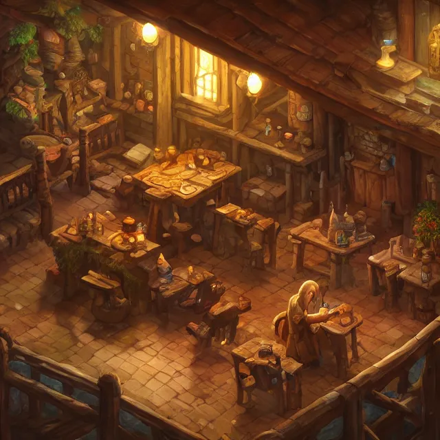 Prompt: a digital painting of an isometric tavern interior by justin gerard, paul bonner, andreas rocha, rpg game environment asset, highly detailed, volumetric lighting, digital art, 2 d game art, isometric, artstation hd