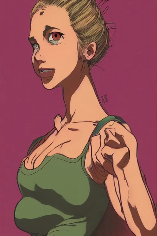 Prompt: portrait of an attractive young female protagonist, center focus, ponytail, skirt, tank - top, in city street, detailed face, artwork by ralph bakshi