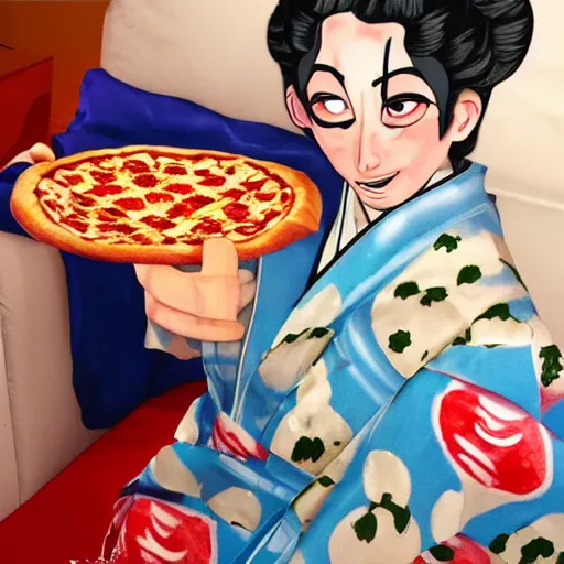 Image similar to hades in kimono eating pizza