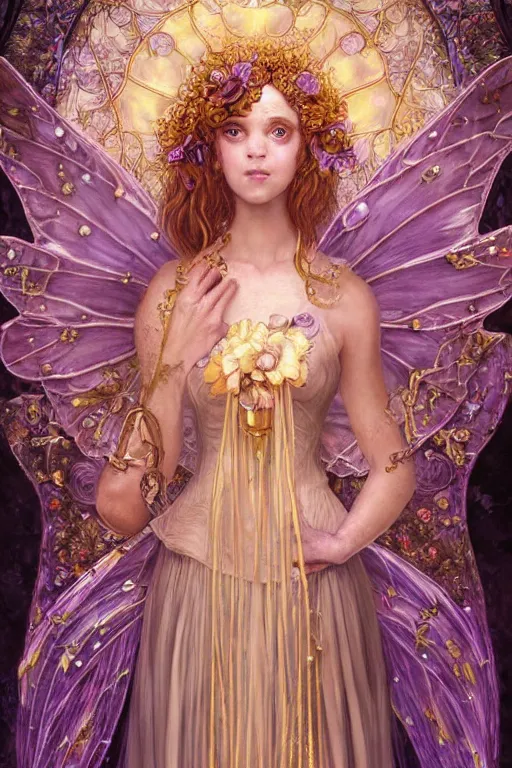 Prompt: breathtaking detailed soft painting of a fairy bride with fire amethyst wings and golden ribbons in gondor, art nouveau golden rose flowers floating around, detailed symmetrical facial features, rembrandt style, hyper detailed fire stained glass windows, volumetric lighting, concept art, matte, sharp focus, art by matchach, celestialfang