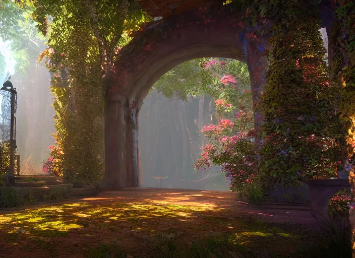 Image similar to oil painting of the entrance to ethereal realm, rendered in unreal engine, central composition