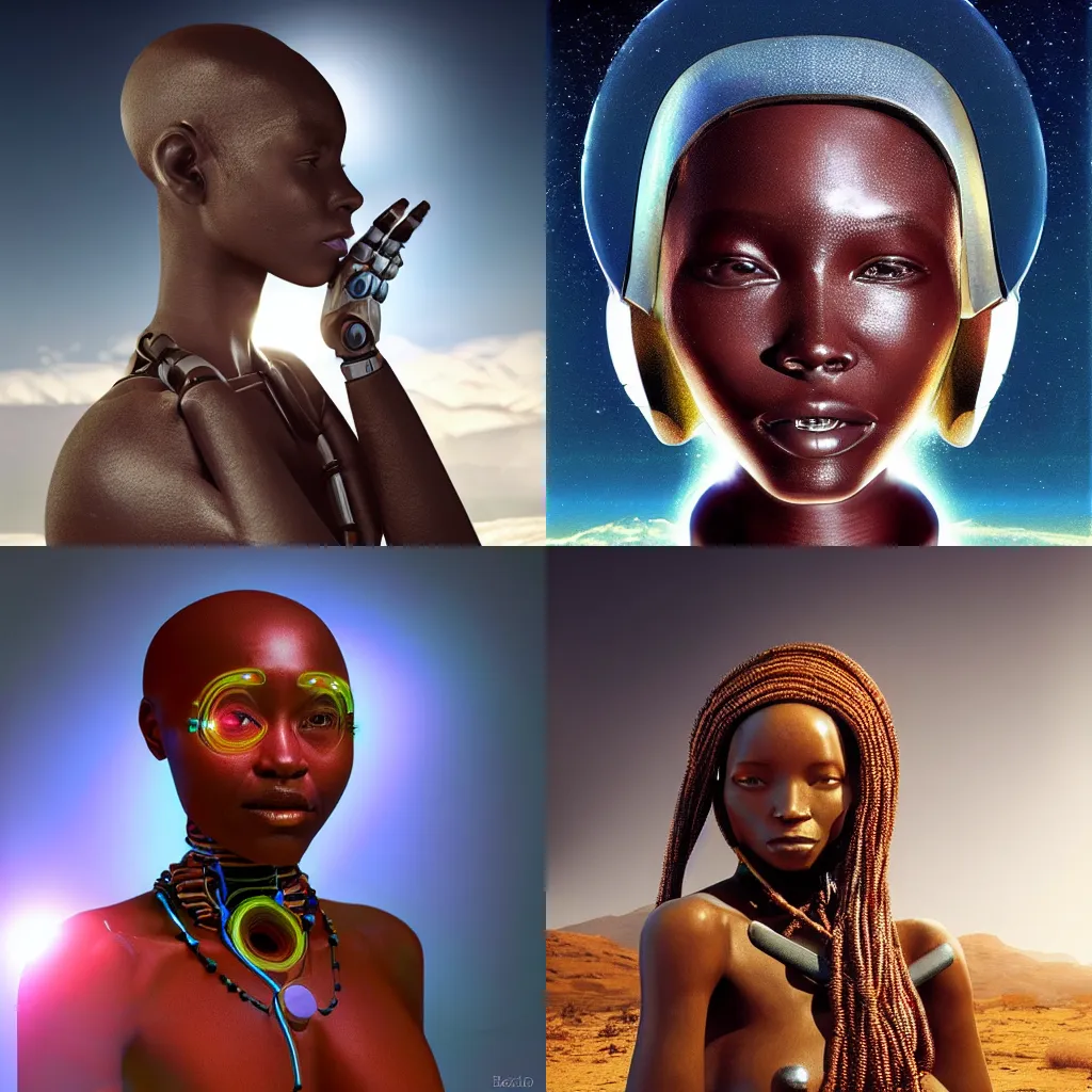 Image similar to beautiful futuristic himba woman, robotic arms, weightless in space, hyperrealistic, scifi, concept art, photograph, portrait, backlit