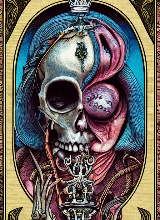 Prompt: queen of heats the fool tarot card, highly detailed, half skull face, cinematic, 8 k, bymegan duncanson, benjamin lacombe, naoto hattori, adrian borda, giger, trending on deviantart, hyper detailed, horror, full of colour