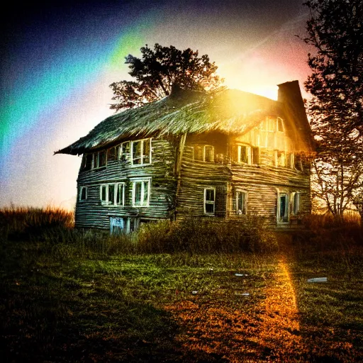 Image similar to specs of light, iridescent bokeh, abandoned cottage