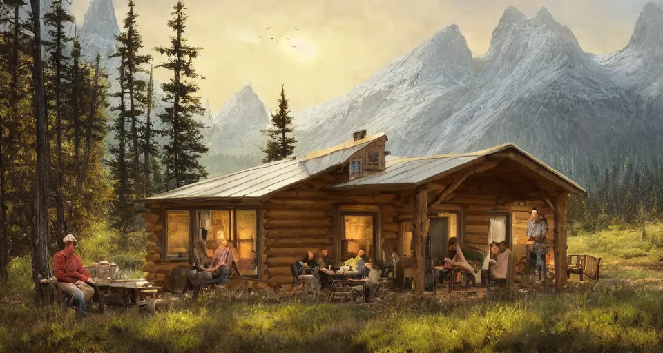 Image similar to cabela's beautiful comfortable modular pop - up insulated all terrain family dwelling, cabin,, person in foreground, mountainous forested wilderness open fields, beautiful views, painterly concept art, joanna gaines, environmental concept art, farmhouse, magnolia, concept art illustration, by james gurney, by craig mullins, by greg rutkowski trending on artstation