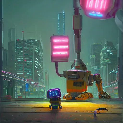 Image similar to a broad-shouldered, heavy construction robot reaching down to pet a kitten, in a neon-lit cyberpunk city, by Simon Stålenhag and James Gurney