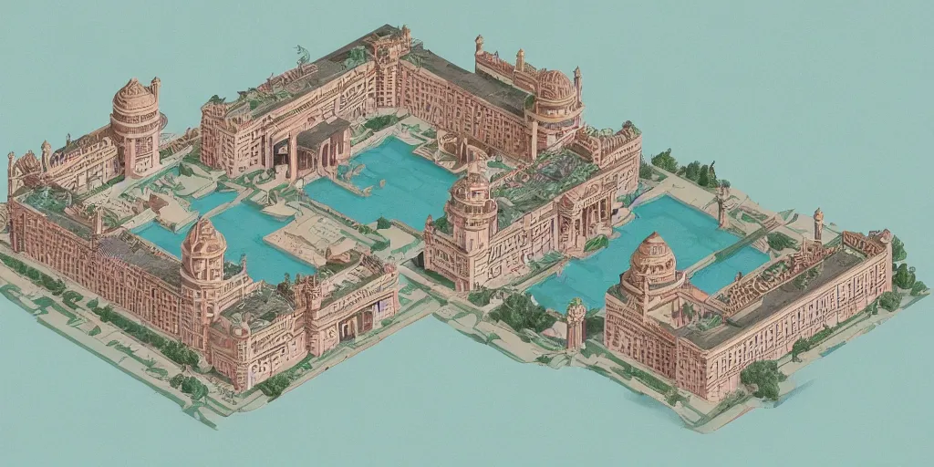 Image similar to The Taj hotel mep map axonometric pastel infographic by Wes Anderson