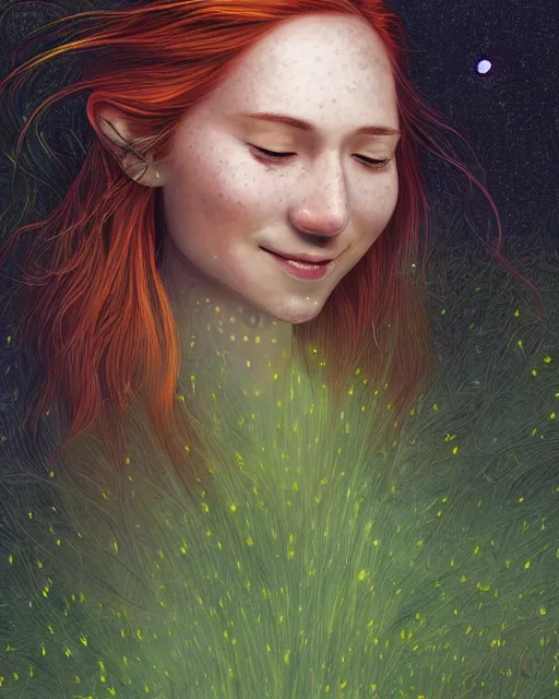 Prompt: a young woman, smiling, amazed by the lights of golden fireflies, sitting in the midst of nature fully covered, long loose red hair, intricate linework, dreamy green eyes, small nose with freckles, oval shape face, realistic, expressive emotions, dramatic lights, spiritual scene, hyper realistic ultrafine digital art by james jean and albert bierstadt