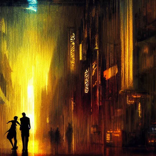 Prompt: digital art cyberpunk cityscape nighttime silhouette of a couple dancing in the foreground painted by turner 1860
