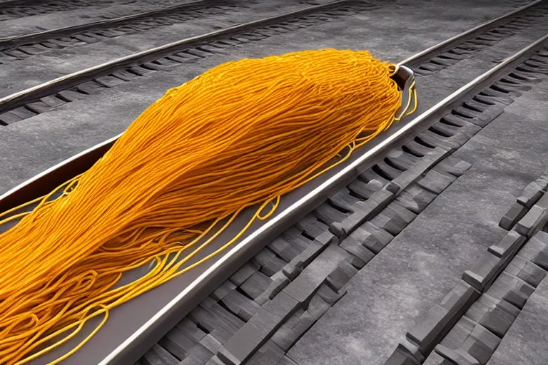 Image similar to HD luxury render of a spaghetti car made of spaghetti on train tracks, product photo, rendered in unreal engine 6, luxury spaghetti car, spaghetti car, car made of pasta, spaghetti, 4k