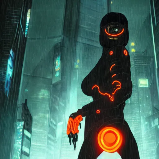 Image similar to bladerunner women wearing a black or orange jumpsuit and a biomechanical mask with glowing eyes in the style of akira, dynamic pose, smooth, sharp focus, hat lines, filmgrain, zeiss lens, 9 0 s anime,