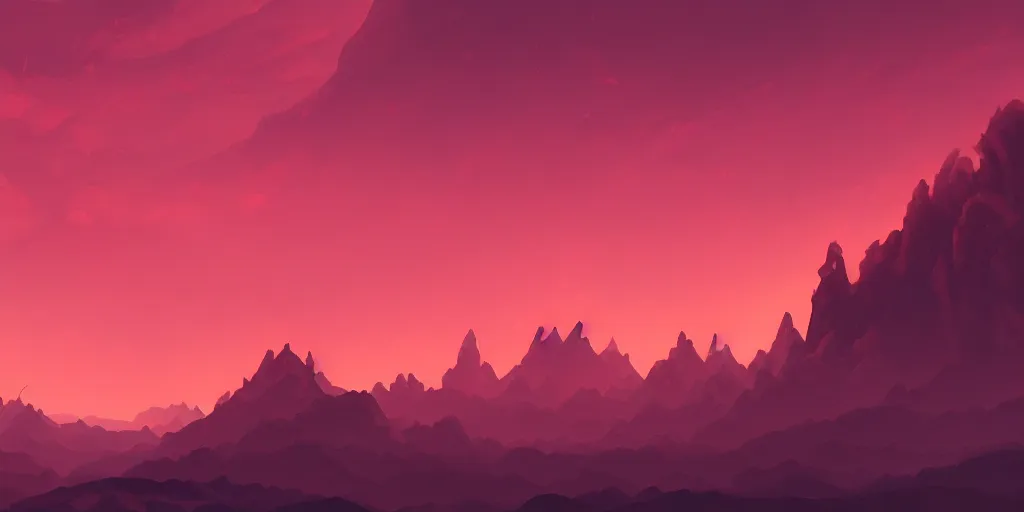 Image similar to Landscape of infernal mountains with red dark sky, ambient lighting, 4k, anime key visual, lois van baarle, ilya kuvshinov, rossdraws, artstation