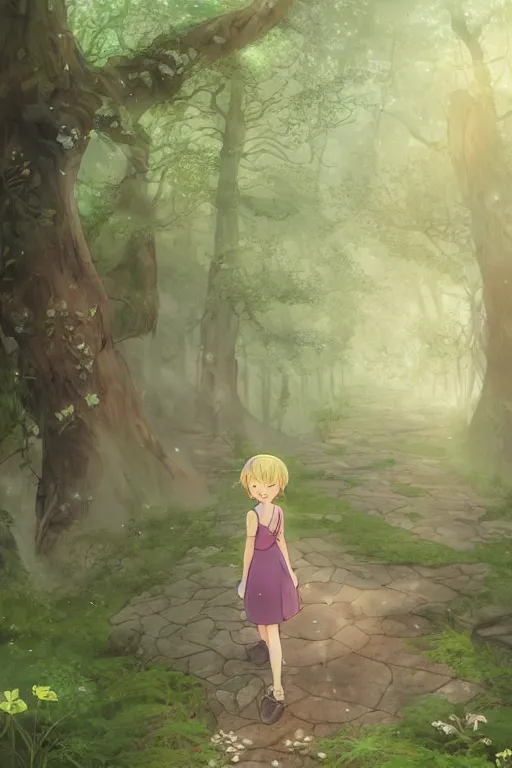 Image similar to forest path, fairy, beautiful ancient trees, hiding large treasure chest, glowing fireflies, serene evening atmosphere, soft lens, soft light, cel - shading, animation, in the style of cgsociety, deviantart, artstation, zbrush, cinema 4 d, studio ghibli, akihiko yoshida, atelier lulua, masamune shirow