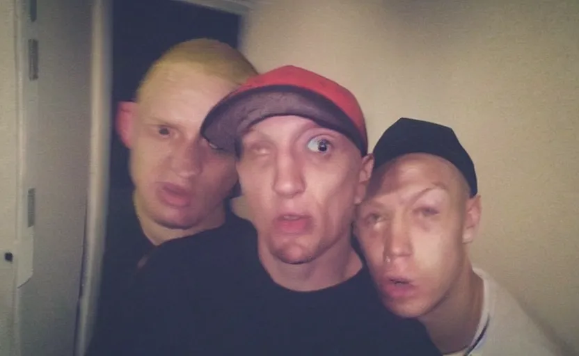 Image similar to my uncle that look like eminem if he was poor asf accidentally taking a selfie, front camera, camera flash is so bright in his face, viral, selfie, viral on twitter, viral on instagram, viral photo