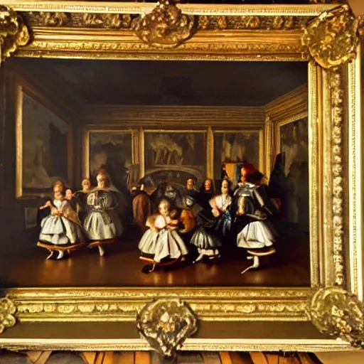 Prompt: a highly super quality oil canva family portrait in the main room of the castle painted in 1 6 5 6, dark room, one point of light coming through the window inspired by las meninas, clear spaces between each subject and good detail and realistic eyes, faces for each person in the canva, inspired by diego velasquez better quiality