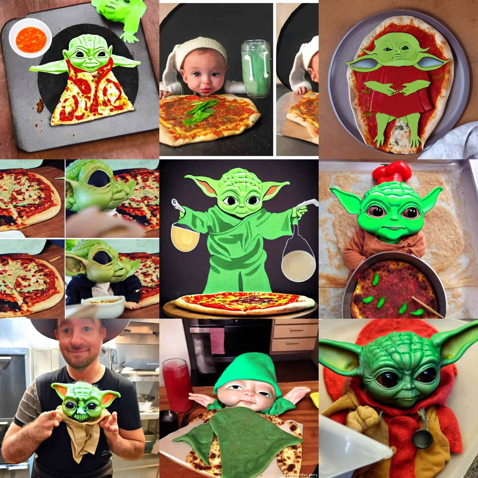 Prompt: Baby Yoda with chef hat cooking vegan pizza