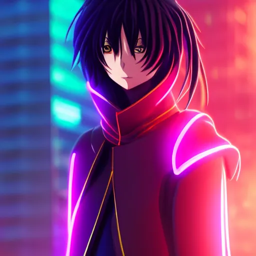 Prompt: Lelouch Lamperouge in a neon city, octane render 8k, atmospheric render, myserious man, professional render, volumetric light, artstation, redshift render, low angle camera, eccentric anime smile, Lelouch in a hood