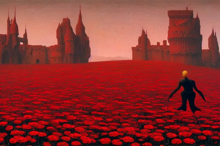 Image similar to only with red, a red expanse of flowers of different types, castle in background, goblin dance over the flowers, in the style of beksinski, parts by edward hopper, parts by rodcenko, parts by yue minjun, intricate and epic composition, red by caravaggio, insanely quality, highly detailed, masterpiece, red light, artstation, 4 k