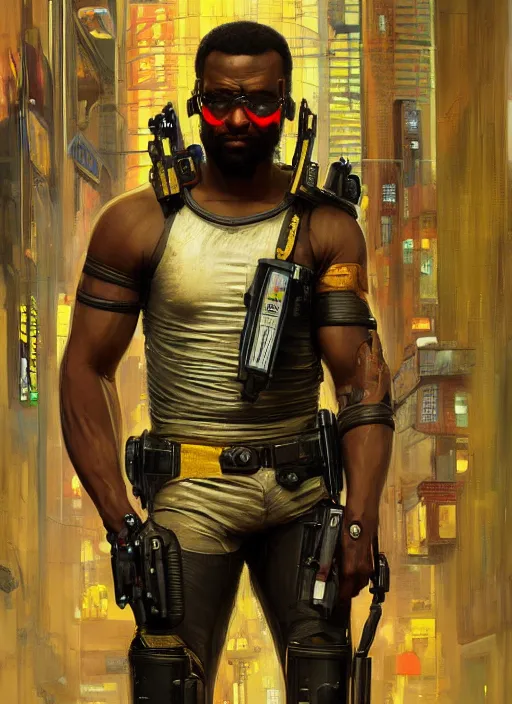 Image similar to Chidi Igwe. Buff Cyberpunk policeman with robotic legs. (Cyberpunk 2077, bladerunner 2049). handsome face. Iranian orientalist portrait by john william waterhouse and Edwin Longsden Long and Theodore Ralli and Nasreddine Dinet, oil on canvas. Cinematic, vivid colors, hyper realism, realistic proportions, dramatic lighting, high detail 4k