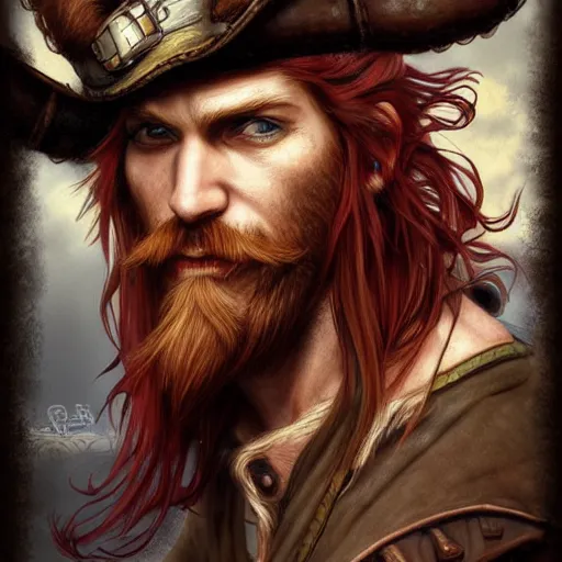 Prompt: rugged playful pirate, 3 0 years old, male, handsome, masculine, red hair, long hair, long beard, soft hair, fantasy, intricate, elegant, highly detailed, steampunk, airship, digital painting, artstation, concept art, character art, smooth, sharp focus, illustration, art by artgerm and greg rutkowski and alphonse mucha