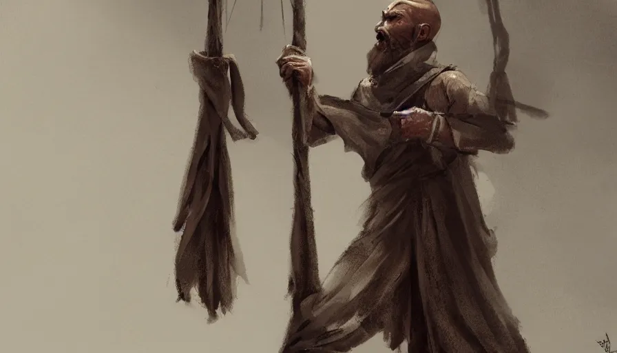 Image similar to concept art of a hanged monk by jama jurabaev, trending on artstation, high quality, brush stroke, for aaa game