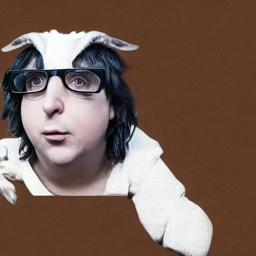 Image similar to andy milonakis as a goat, goat body, human head, anthropomorphic, 4 k, photorealistc, high details