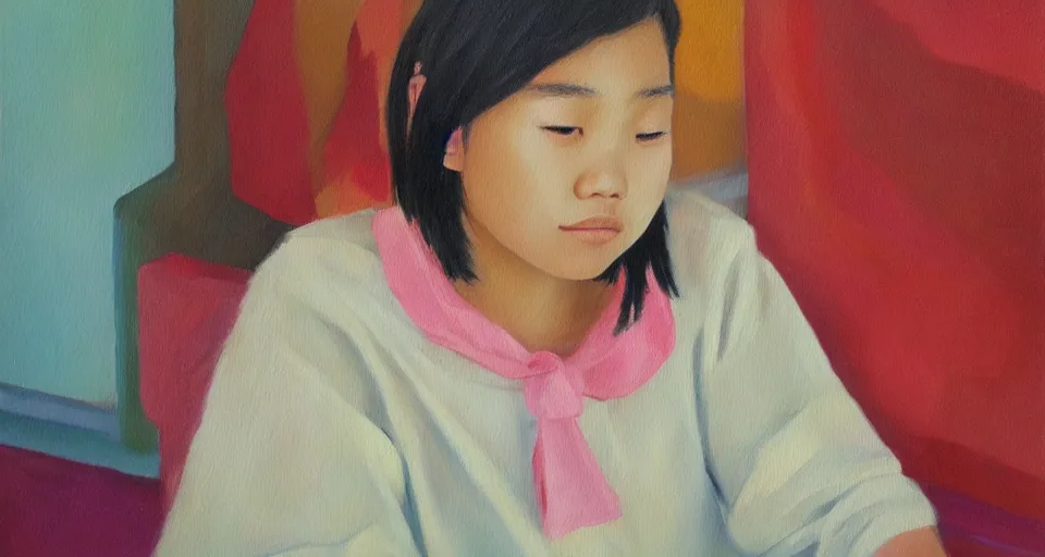 Image similar to a gen z teenage asian girl, oil painting by mai trung thu