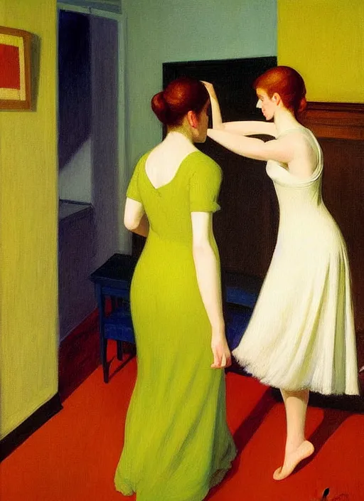Prompt: a dynamic painting of 2 beautiful girls dancing in a bedroom by edward hopper and looking away from the camera by martin johnson heade, by malcolm liepke, soft colorful fuzzy feeling of dreams and memories by mary herbert, cinematic