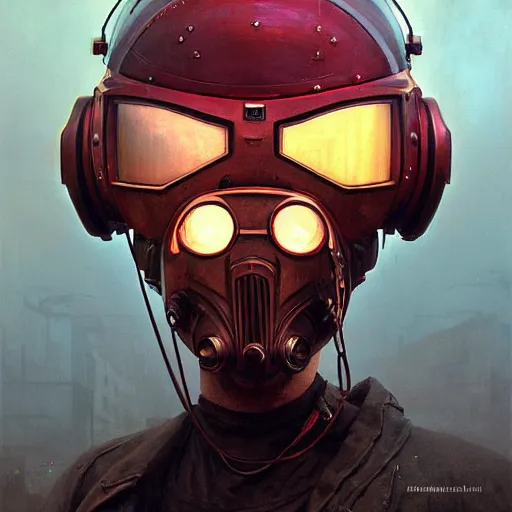 Prompt: a expressive portrait of masked diesel punk helmet on the art deco streets of the big city, artstation, award - winning realistic sci - fi concept art by jim burns and greg rutkowski, beksinski, a realism masterpiece, expressive color palette, james gilleard, bruegel, alphonse mucha, and yoshitaka amano