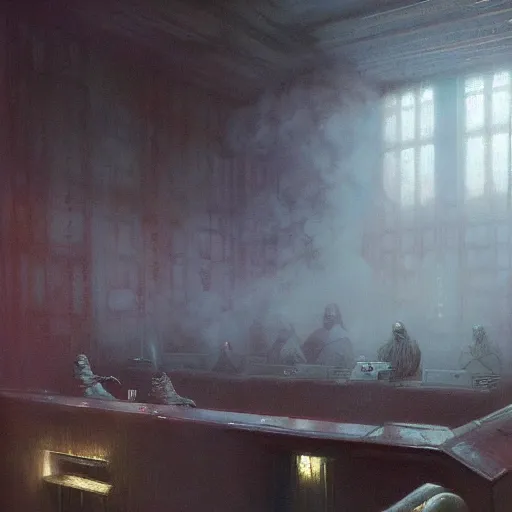 Prompt: byzantine science fiction courtroom filled with cryogenic capsules spilling white smoke, by greg rutkowski, zdzisław beksinski, anato finnstark, and rembrandt