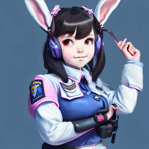 Prompt: Stunning Portrait of Bunny Ears D.VA from Overwatch wearing a police uniform by Kim Jung Gi, holding handcuffs in one hand five fingers Blizzard Concept Art Studio Ghibli. oil paint. 4k. by brom, Pixiv cute anime girl wearing police gear by Ross Tran, Greg Rutkowski, Mark Arian, soft render, octane, highly detailed painting, artstation