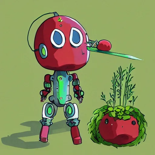 Image similar to cute robot made of plants wearing tomato hat and a chive sword, made in abyss style