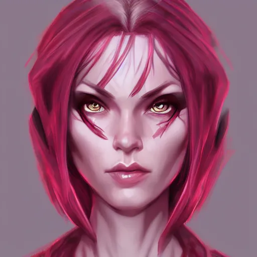 Image similar to half elf woman, dungeons and dragons, beautiful, short pink hair, deep crimson eyes, digital art, smooth, character drawing, focused portrait, artstation, highly detailed, symmetry