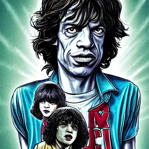 Image similar to Mick Jagger illustrated in the style of Stranger Things cover art