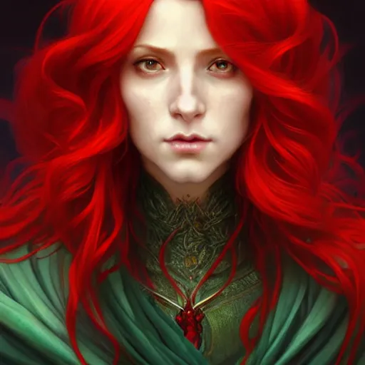 Image similar to long fancy red hair mage, portrait, gentle, scowl, cloth, female, city background, d & d, fantasy, intricate, elegant, digital painting, red green color palette, artstation, octane render, concept art, matte, sharp focus, illustration, herrarthstone, art by artgerm and greg rutkowski and alphonse mucha