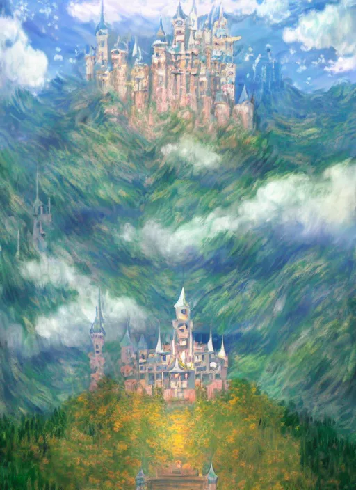 Image similar to retro - futurism anime castle on a mountain in clouds with lots of details look from above rule of thirds golden ratio, fake detail, trending pixiv fanbox, acrylic palette knife, artwork by claude monet