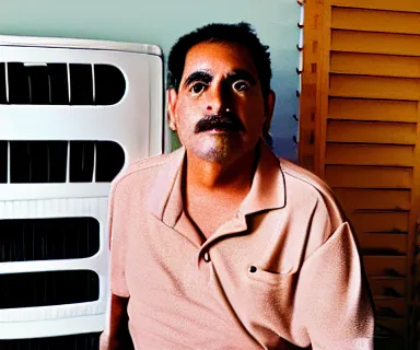 Prompt: image of a hispanic middle-aged man with wearing a polo shirt sitting on a chair in a room under an air conditioner with warm sun light coming in through the windows, 80mm