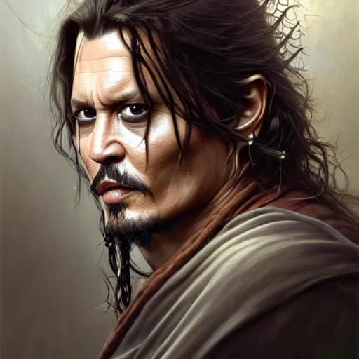 Image similar to wideangle!! portrait shot johnny depp dressed as aragorn, intricate, elegant, highly detailed, centered, digital painting, artstation, concept art, smooth, sharp focus, illustration, artgerm, tomasz alen kopera, peter mohrbacher, donato giancola, joseph christian leyendecker, wlop, boris vallejo