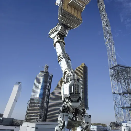 Prompt: Humanity has built a giant metallic robot arm the size of a skyscraper to grab the moon