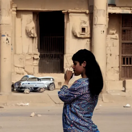 Prompt: High quality photo of Cleopatra, lost and confused in the streets of modern-day Cairo