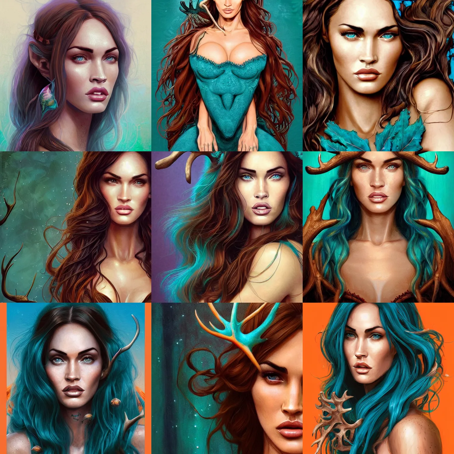 Prompt: beautiful digital painting of megan fox with teal skin and antlers made of wood on her head, brown curly hair with orange oak leaves, heart shaped face, D&D, fantasy, intricate, beautiful eyes, cinematic lighting, highly detailed, digital painting, Artstation, concept art, smooth, sharp focus, illustration, art by Artgerm and Greg Rutkowski, Alphonse Mucha and Rossdraws