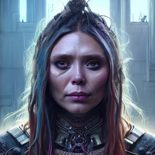 Image similar to portrait painting of a cyberpunk orc shaman extremely muscular ugly elizabeth olsen, ultra realistic, concept art, intricate details, eerie, highly detailed, photorealistic, octane render, 8 k, unreal engine. art by artgerm and greg rutkowski and charlie bowater and magali villeneuve and alphonse mucha